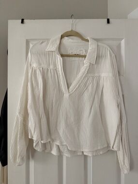 We The Free Ivory Gauze V-Neck Collared Blouse